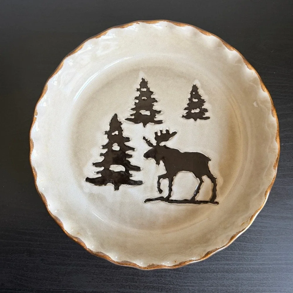 Woodland Collection Moose Pine Tree Ceramic Pie Dish 10.5